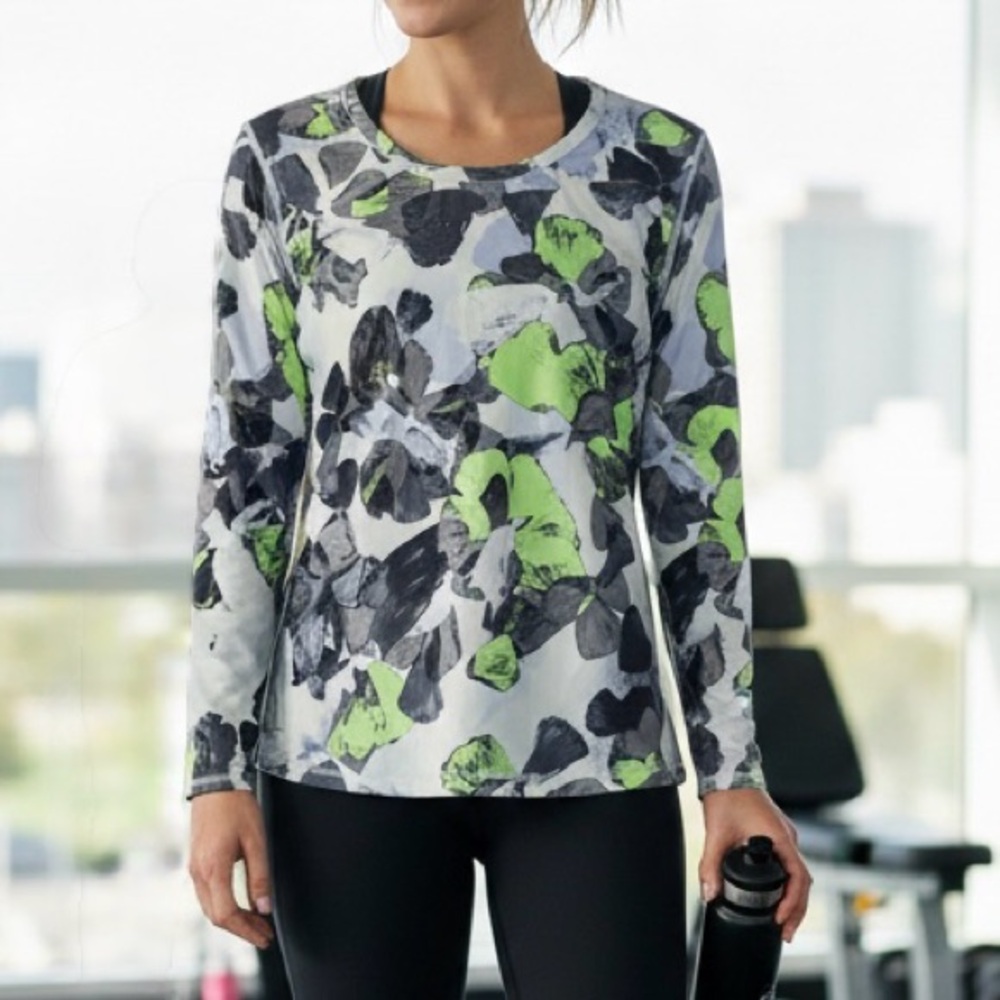Title Nine Floral Long Sleeve Performance Top - Black, Gray, Green‎ size Large